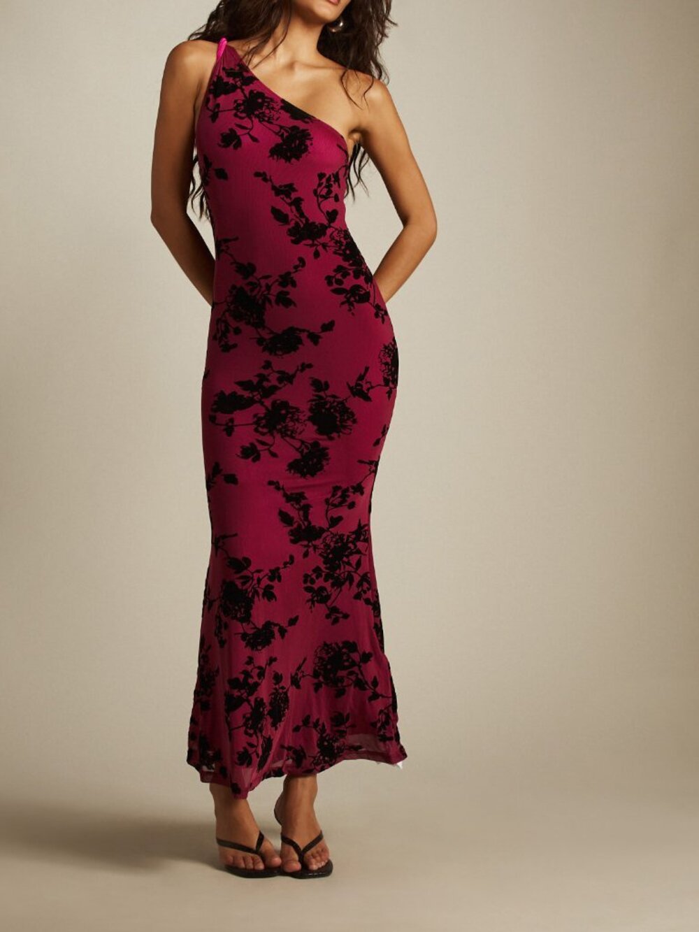 Elegant Women's One Shoulder Velvet Floral detailed mesh Maxi Mermaid dress